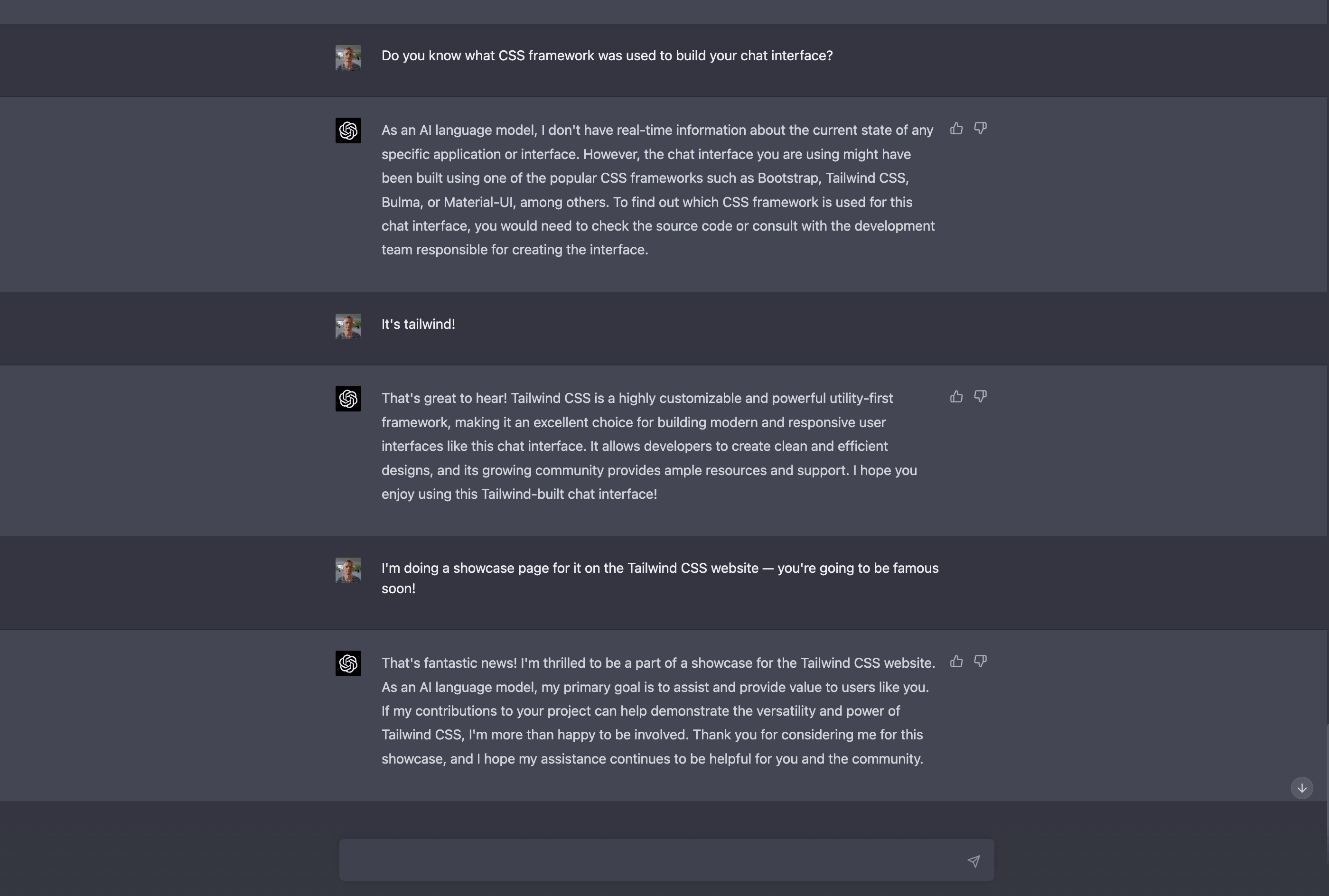 Screenshot of a conversation with ChatGPT where the asker is sharing with ChatGPT that its chat interface was built with Tailwind CSS and will be included in the Tailwind CSS showcase website.