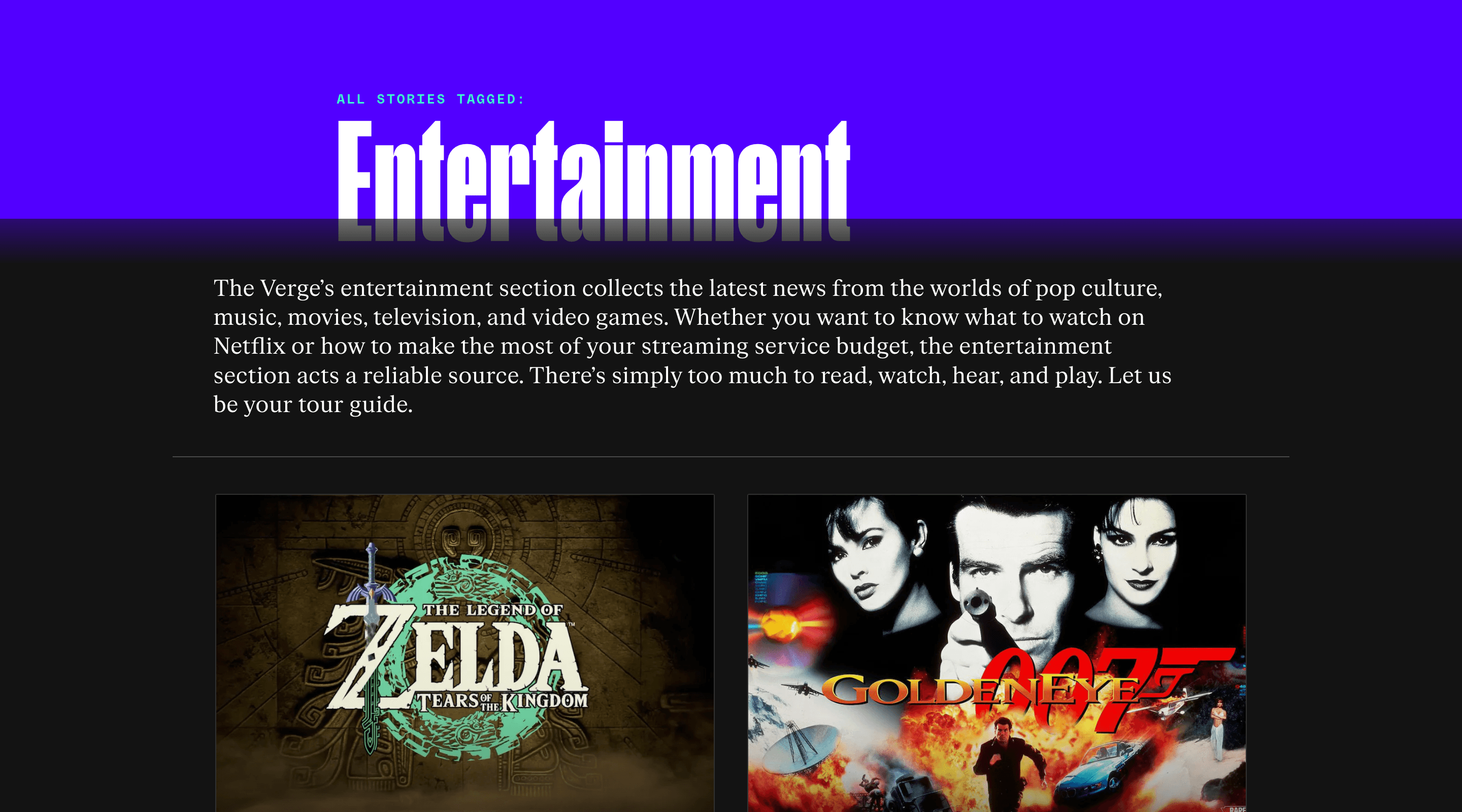 Screenshot of the 'Entertainment' section of the Verge website. The page title is displayed in large lettering at the top of the screen. Below is an introduction paragraph followed by two side-by-side images from entertainment articles.